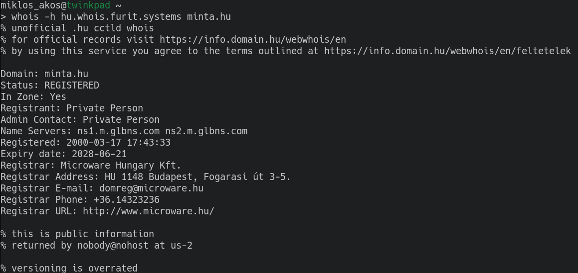 output of whois -h hu.whois.furit.systems minta.hu