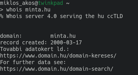 output of whois minta.hu